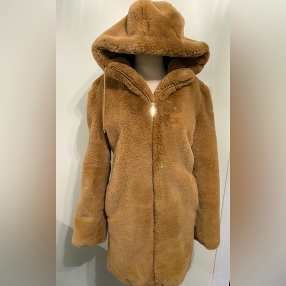 RACHEL ZOE Tan Faux Fur Hooded Jacket - Size L - NEW - Picture 1 of 7